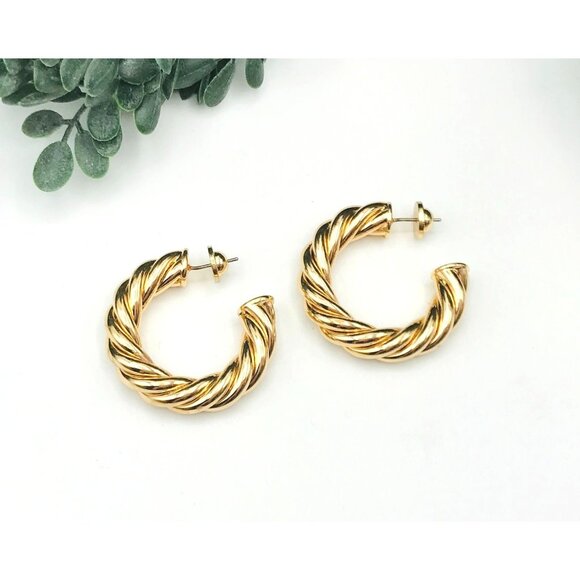 Gold-Tone Twisted Rope Hoop Earrings With Secure Post Back Design by Zara - Picture 1 of 5